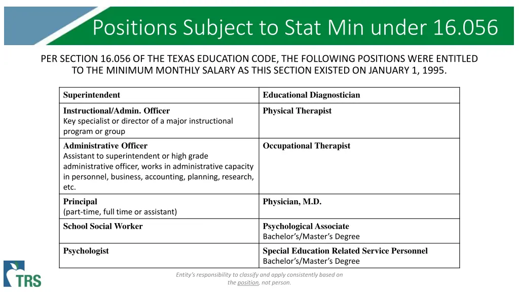 positions subject to stat min under 16 056