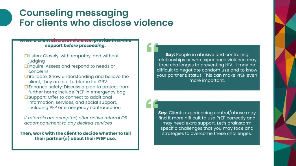counseling messaging for clients who disclose