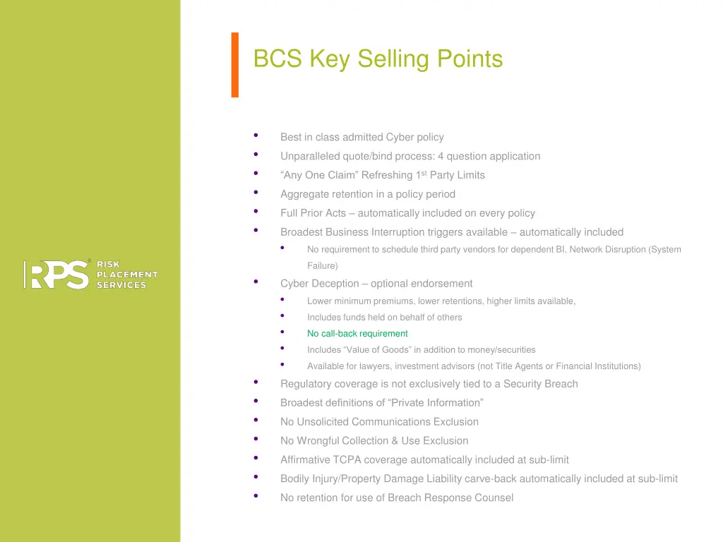 bcs key selling points
