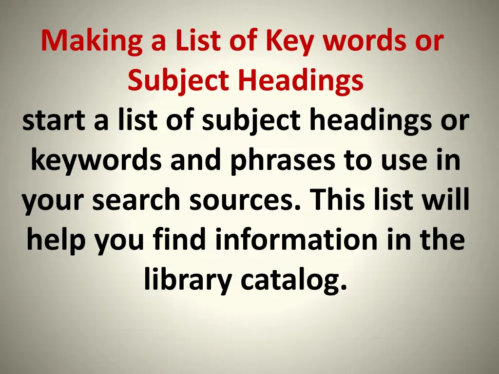 making a list of key words or subject headings