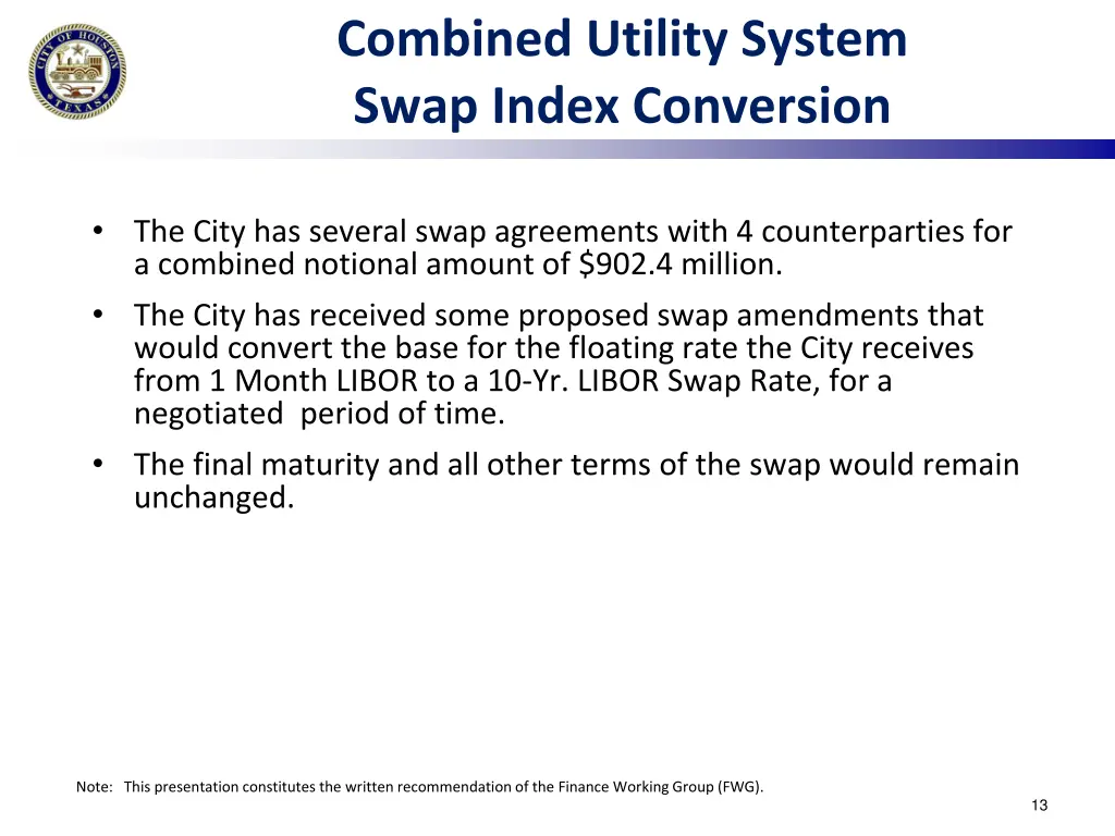 combined utility system swap index conversion 1