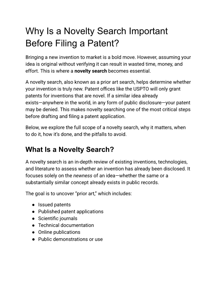 why is a novelty search important before filing