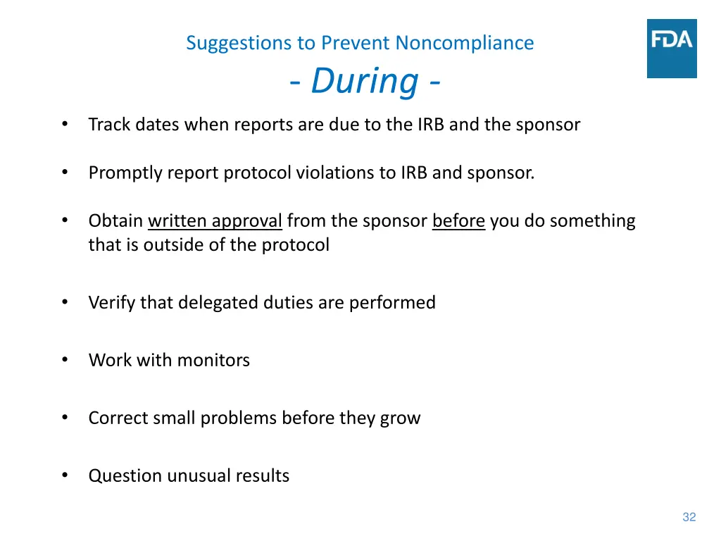 suggestions to prevent noncompliance during