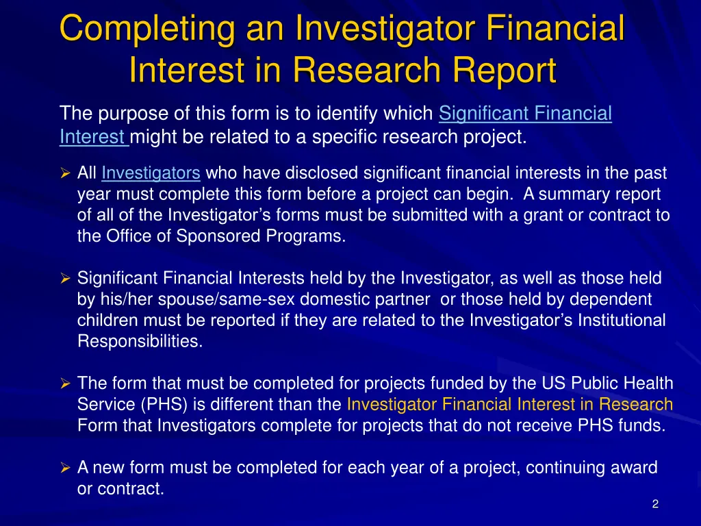 completing an investigator financial interest