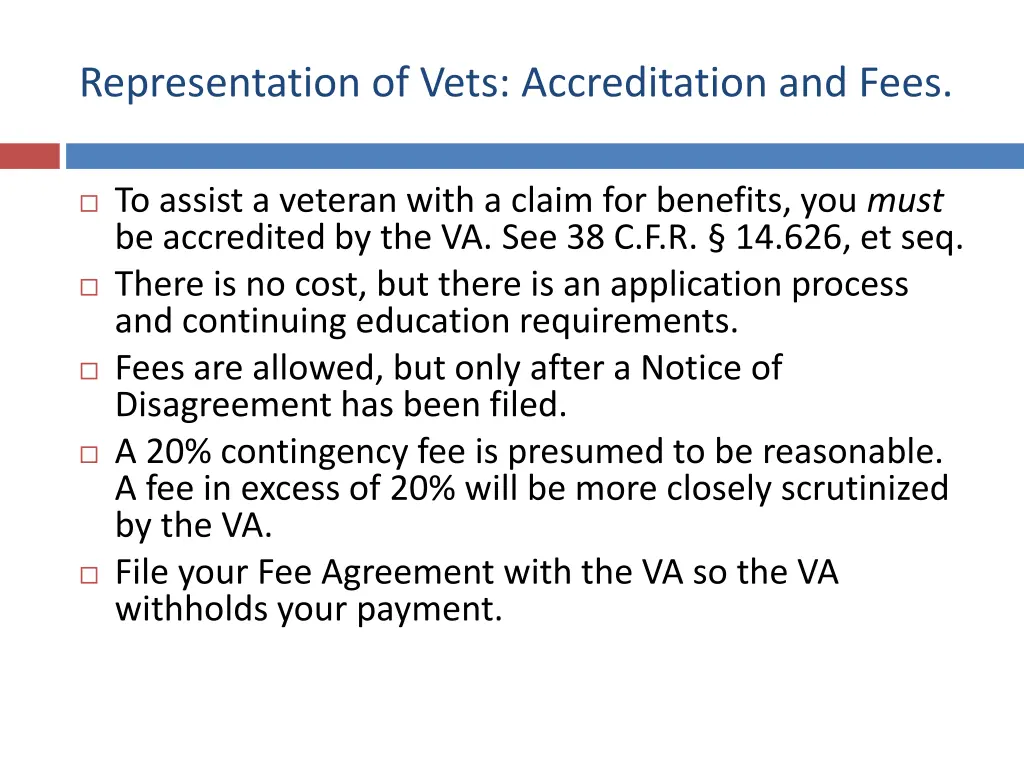 representation of vets accreditation and fees