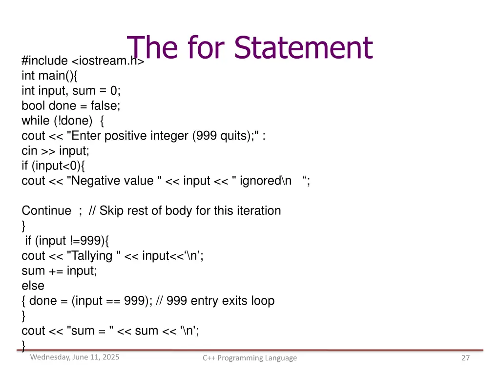 the for statement include iostream h int main 1