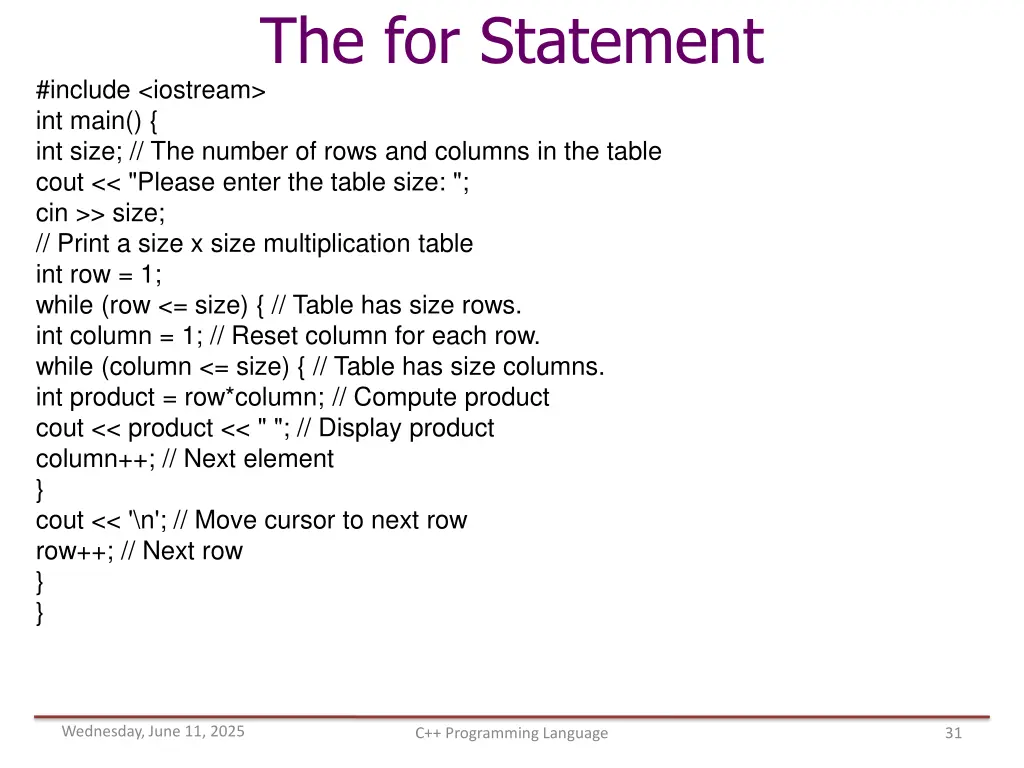the for statement include iostream int main