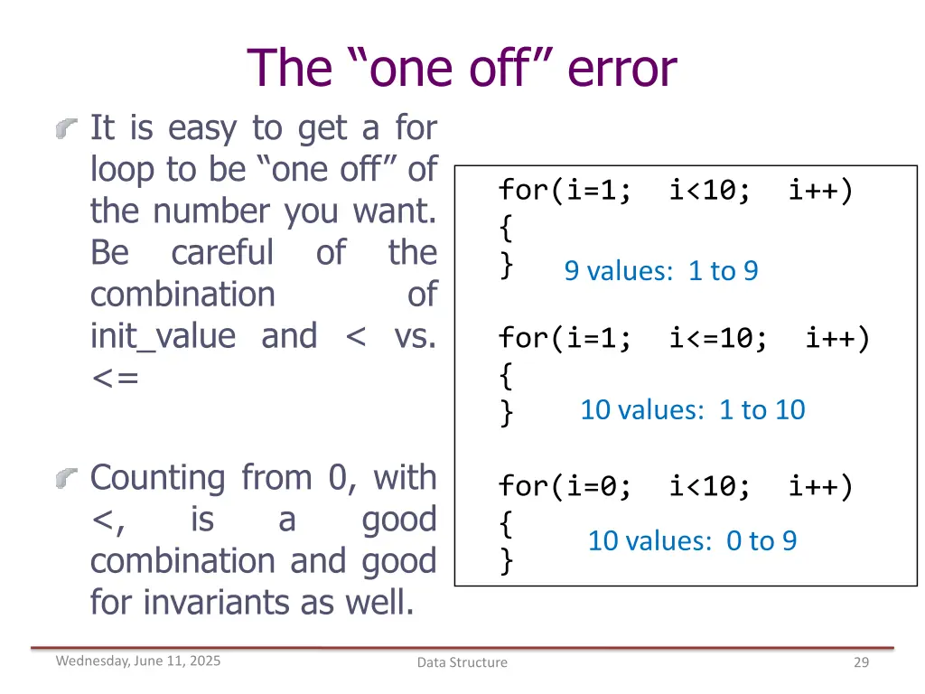 the one off error it is easy to get a for loop 1