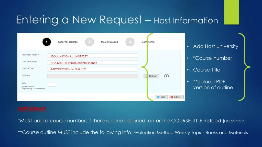 entering a new request host information