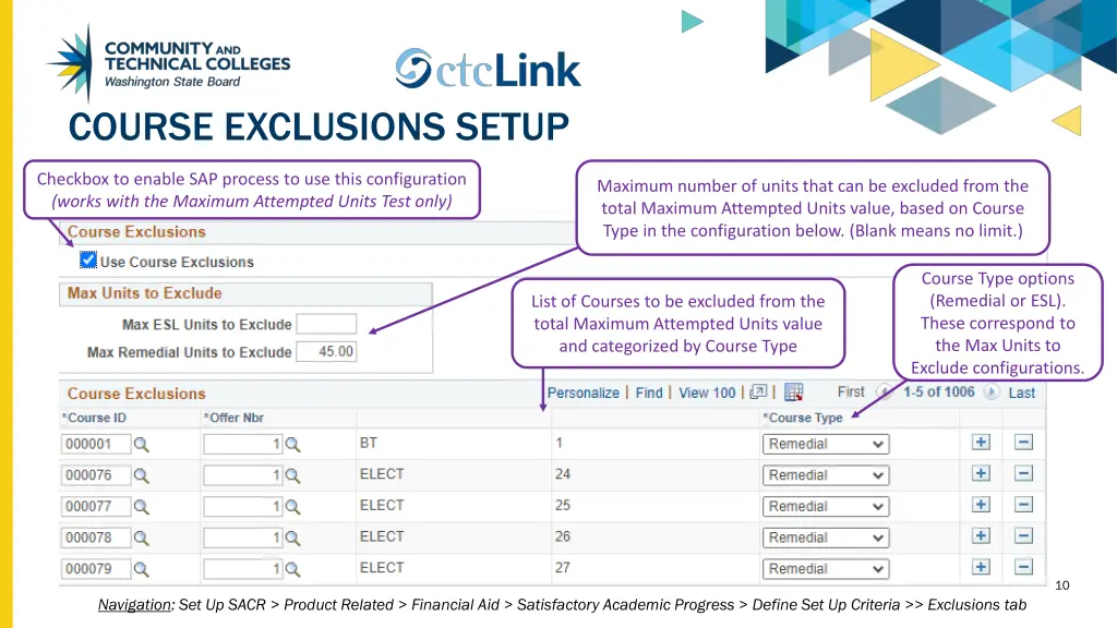 course exclusions setup