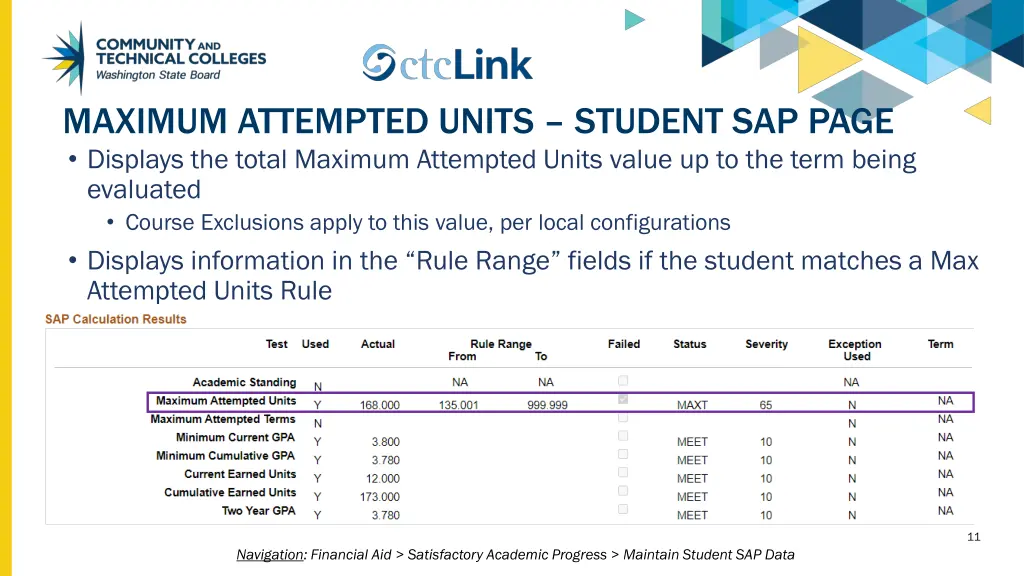 maximum attempted units student sap page displays