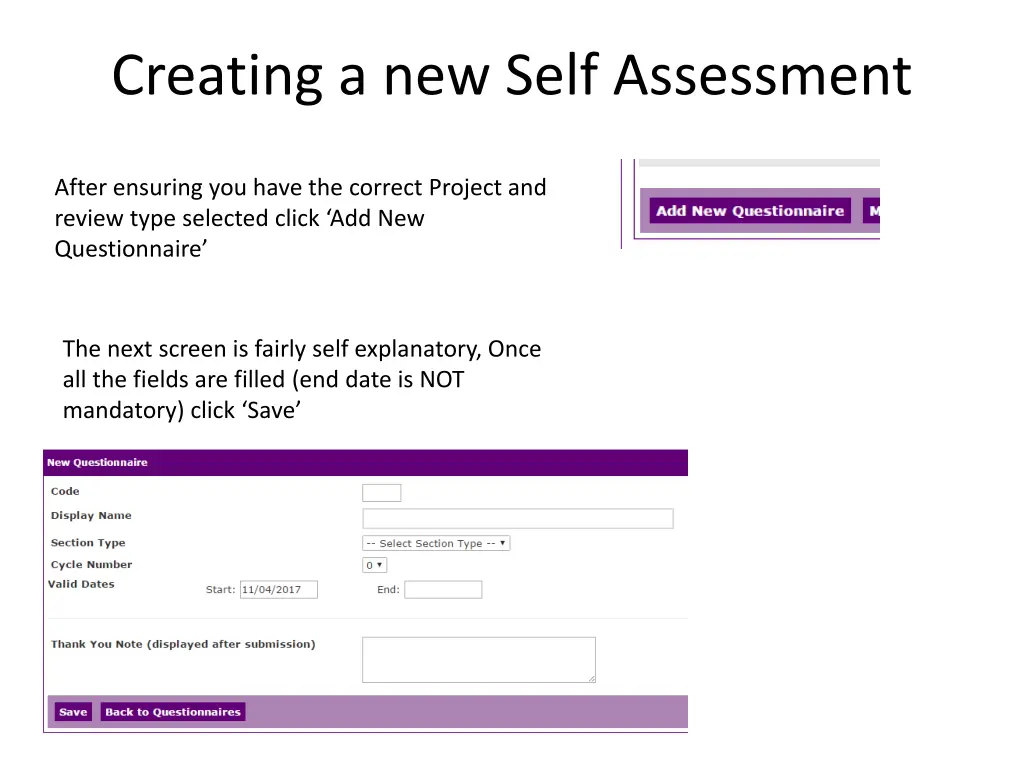 creating a new self assessment