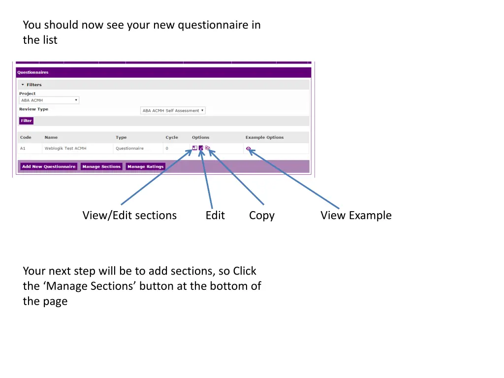 you should now see your new questionnaire