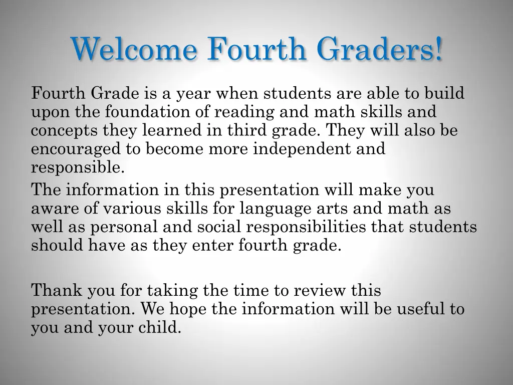 welcome fourth graders