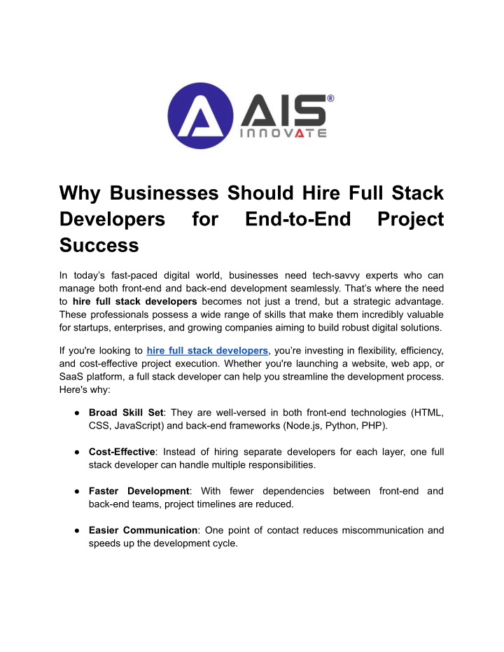 why businesses should hire full stack developers