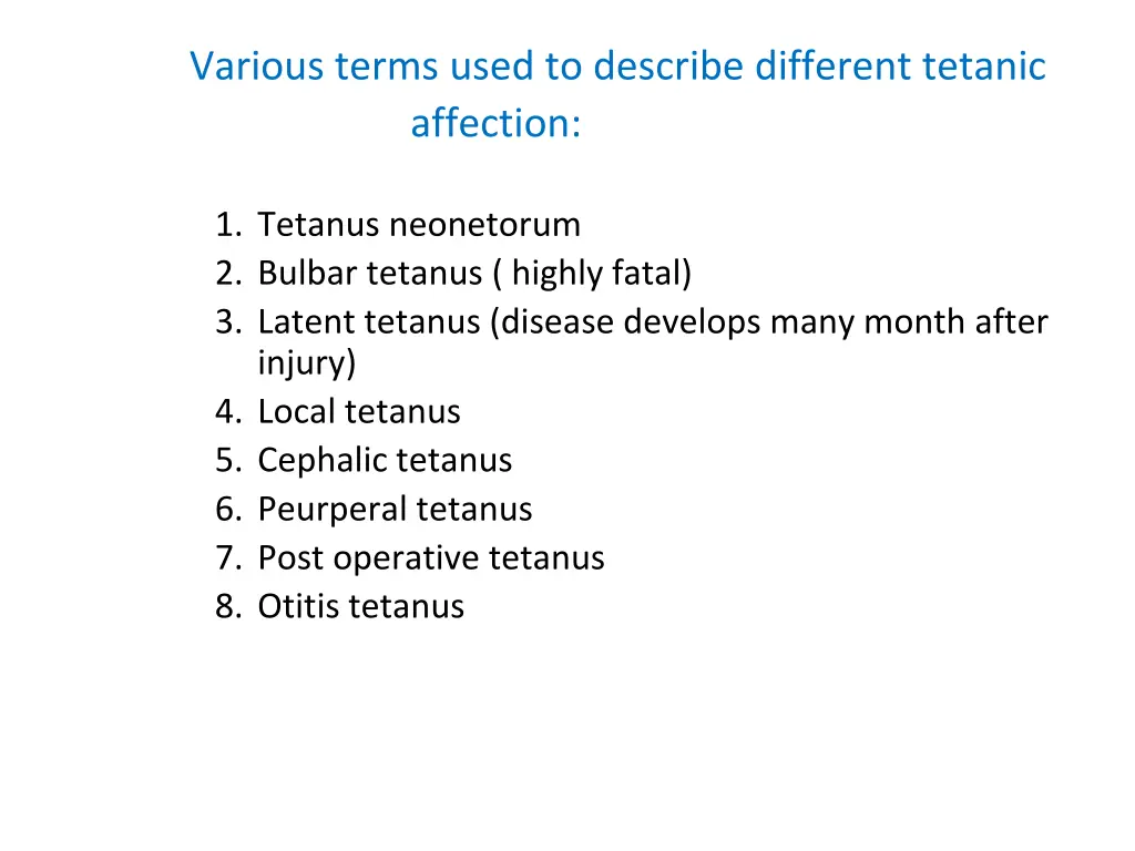various terms used to describe different tetanic