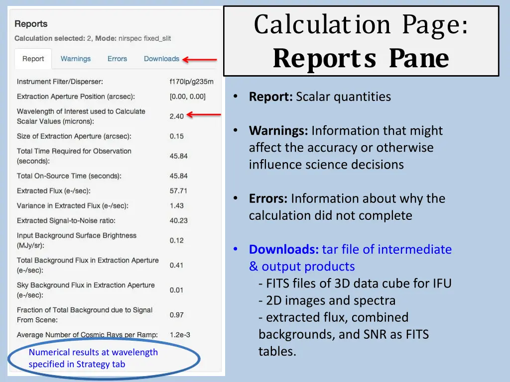 calculation page reports pane