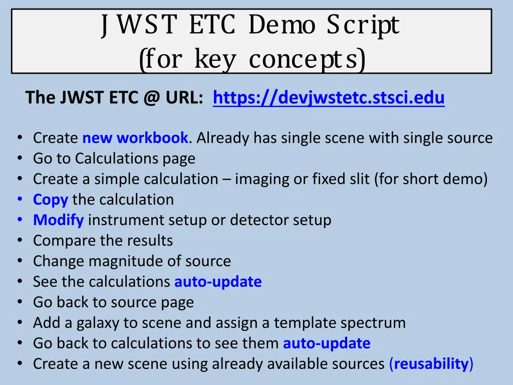 j wst etc demo script for key concepts