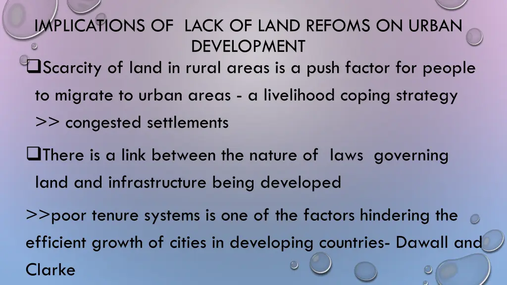 implications of lack of land refoms on urban