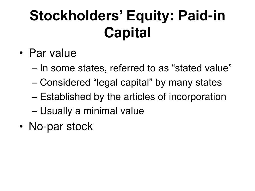 stockholders equity paid in capital par value