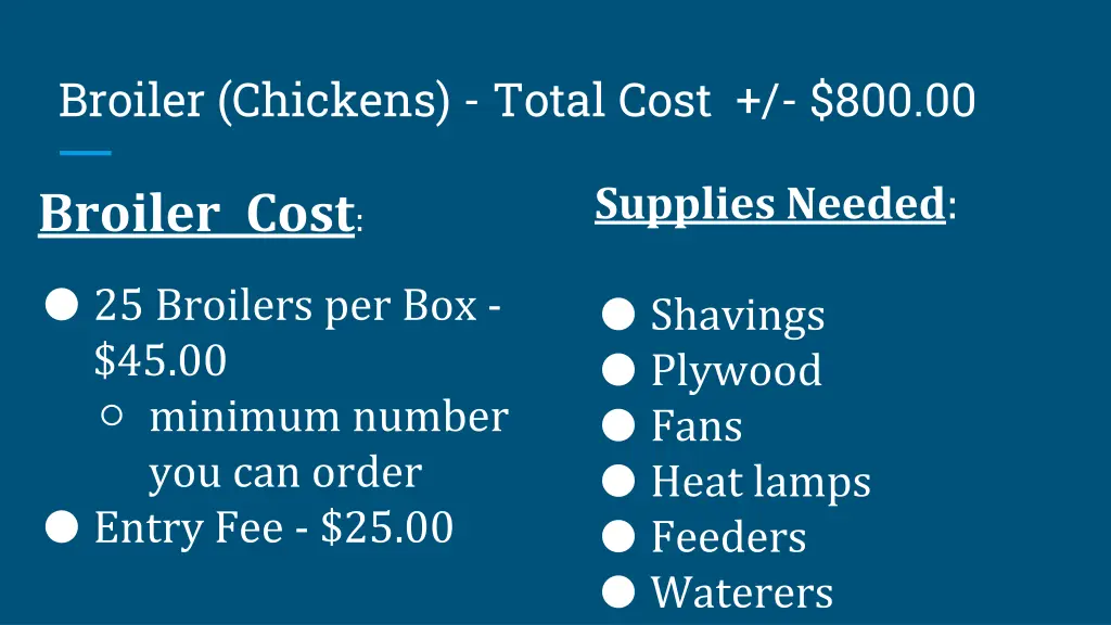 broiler chickens total cost 800 00