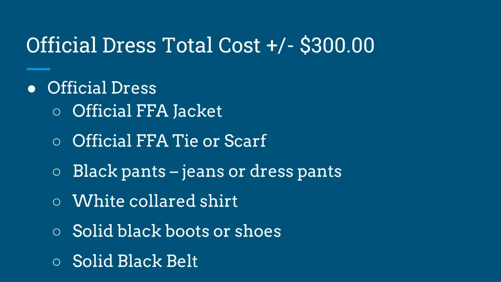 official dress total cost 300 00
