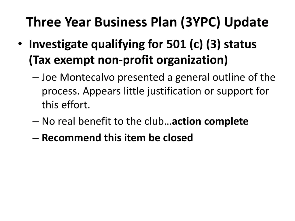 three year business plan 3ypc update investigate