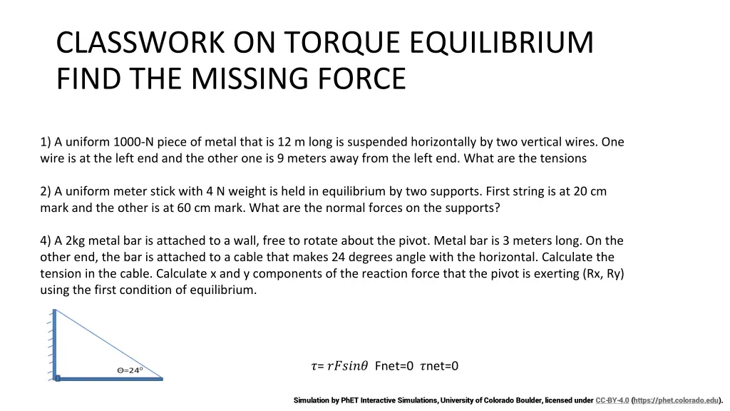 classwork on torque equilibrium find the missing