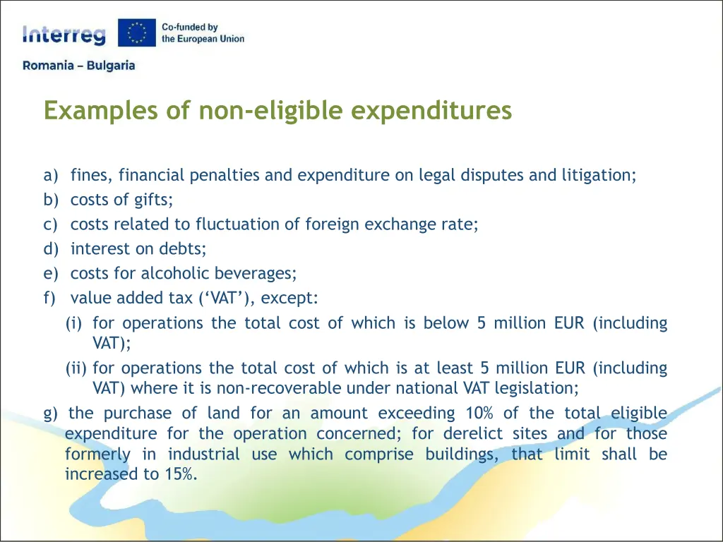 examples of non eligible expenditures