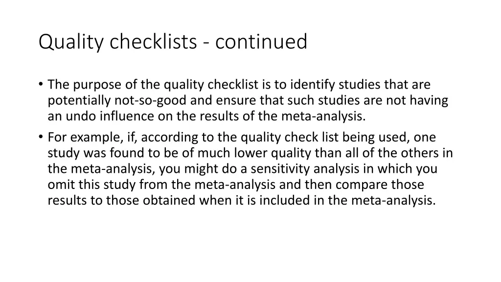 quality checklists continued