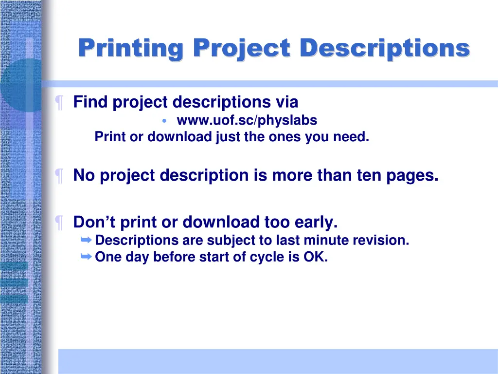 printing project descriptions