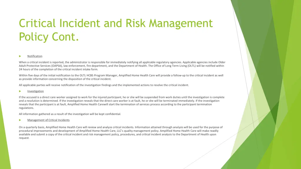 critical incident and risk management policy cont