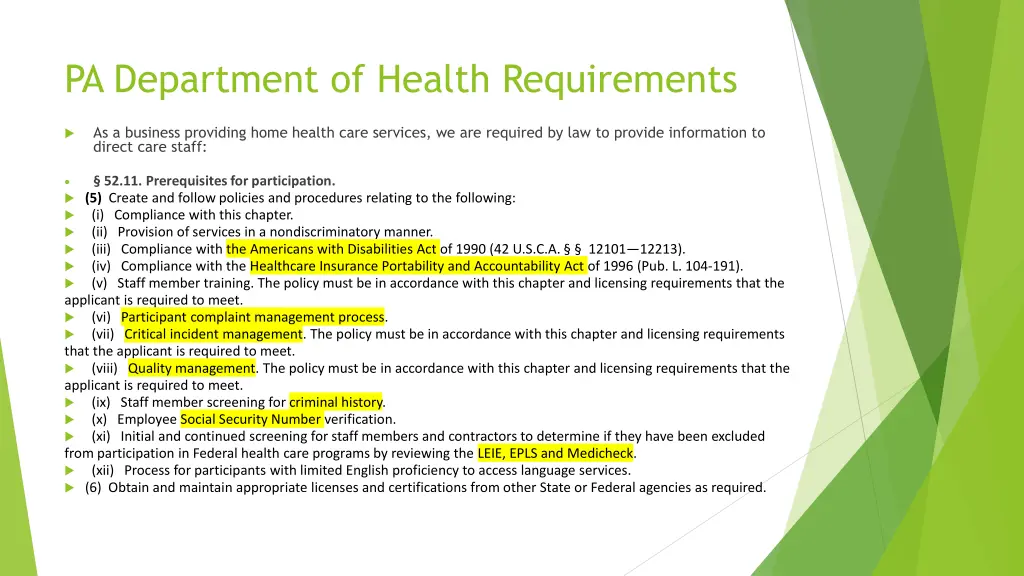 pa department of health requirements