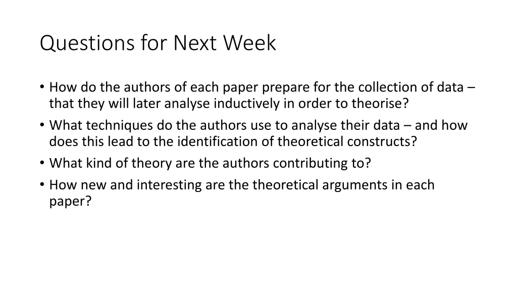 questions for next week