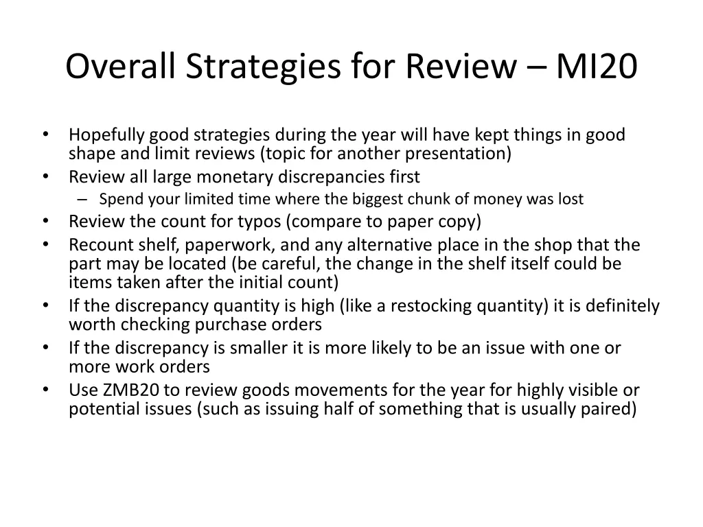 overall strategies for review mi20