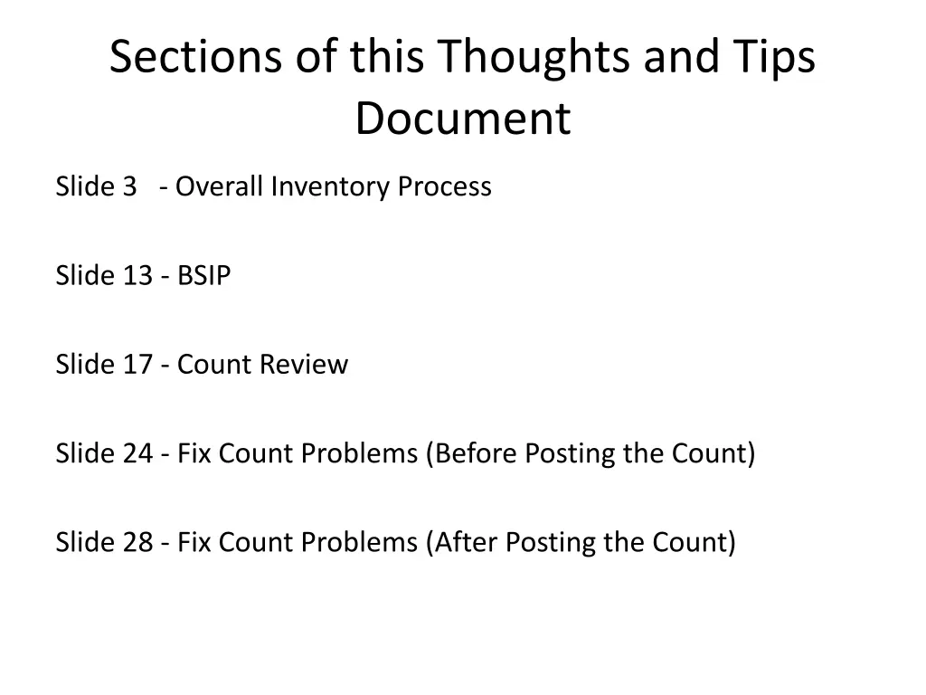 sections of this thoughts and tips document