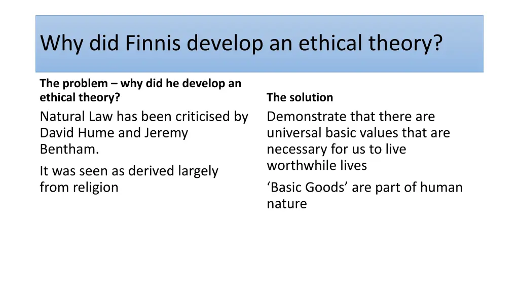 why did finnis develop an ethical theory
