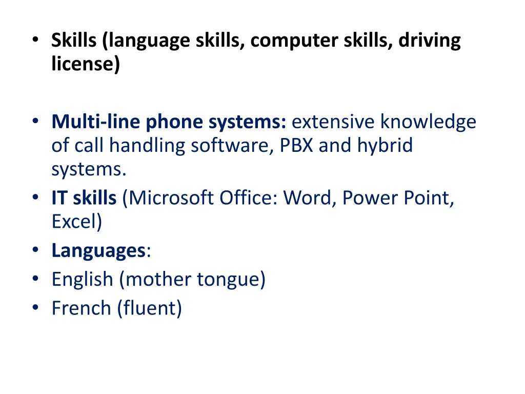 skills language skills computer skills driving