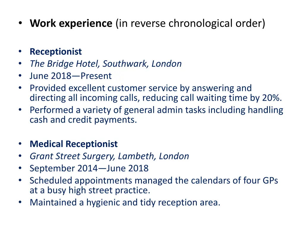 work experience in reverse chronological order