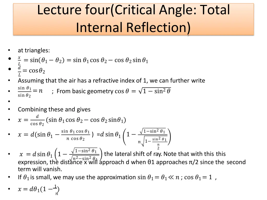 lecture four critical angle total internal 10