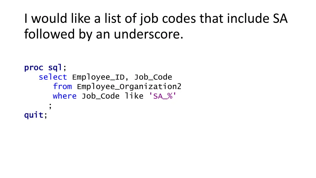i would like a list of job codes that include
