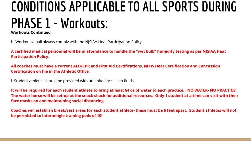 conditions applicable to all sports during phase 1