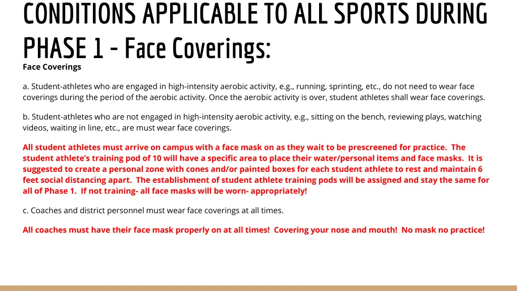 conditions applicable to all sports during phase 2