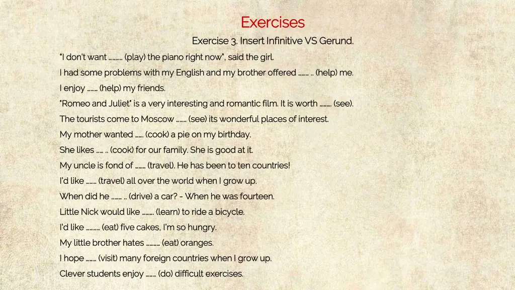 exercises exercises 3 insert infinitive vs gerund