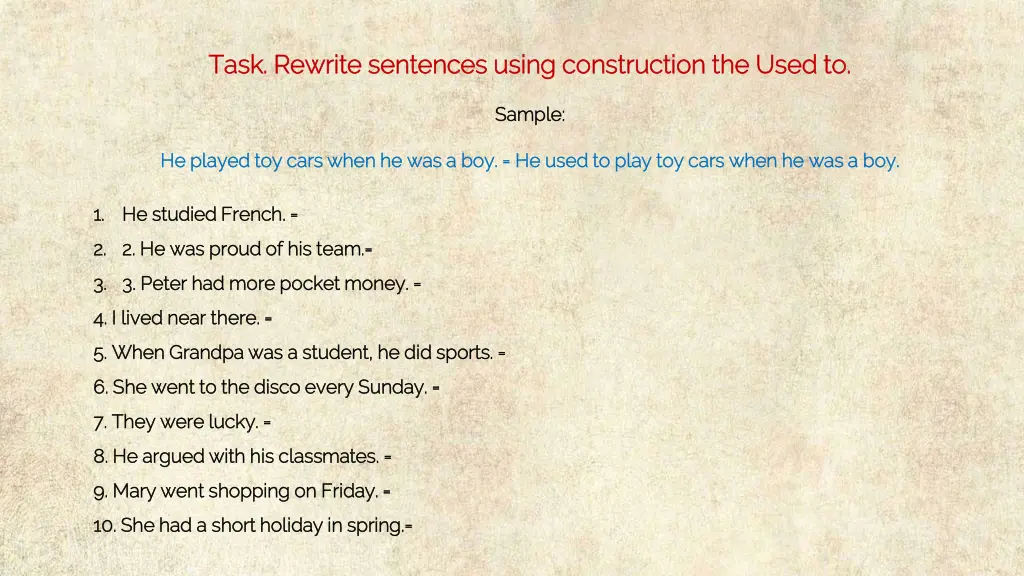 task task rewrite sentences using construction