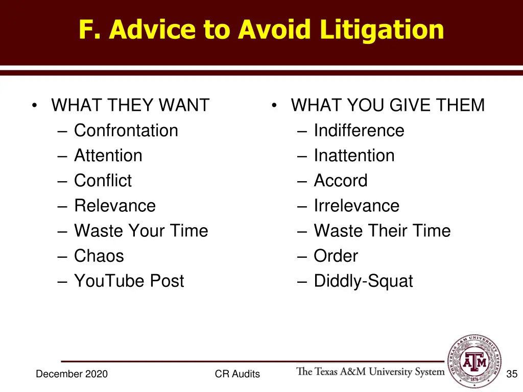 f advice to avoid litigation
