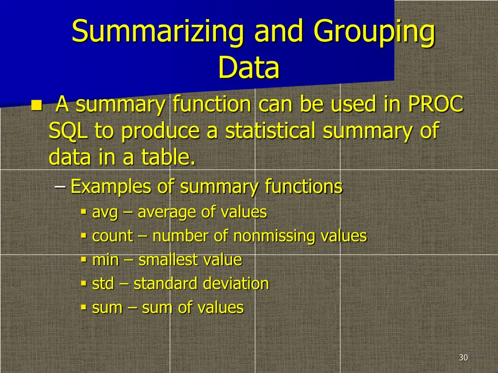 summarizing and grouping data a summary function