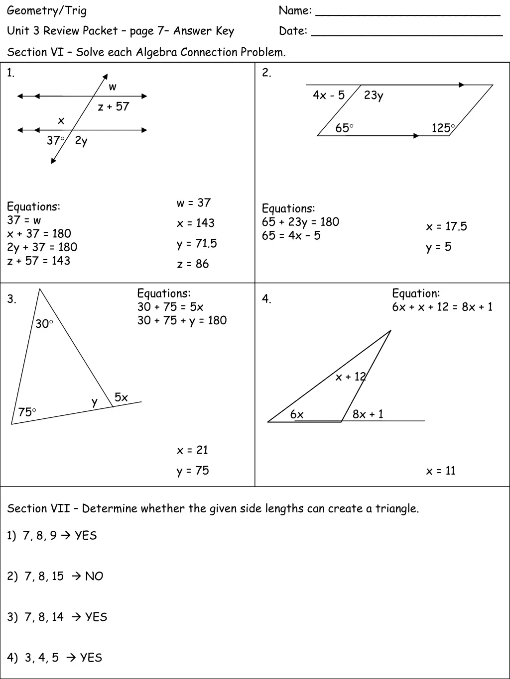 geometry trig unit 3 review packet page 7 answer