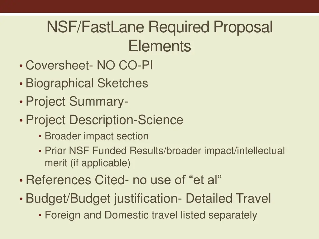 nsf fastlane required proposal elements