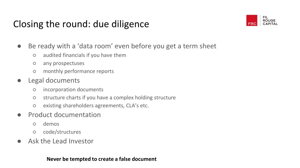 closing the round due diligence